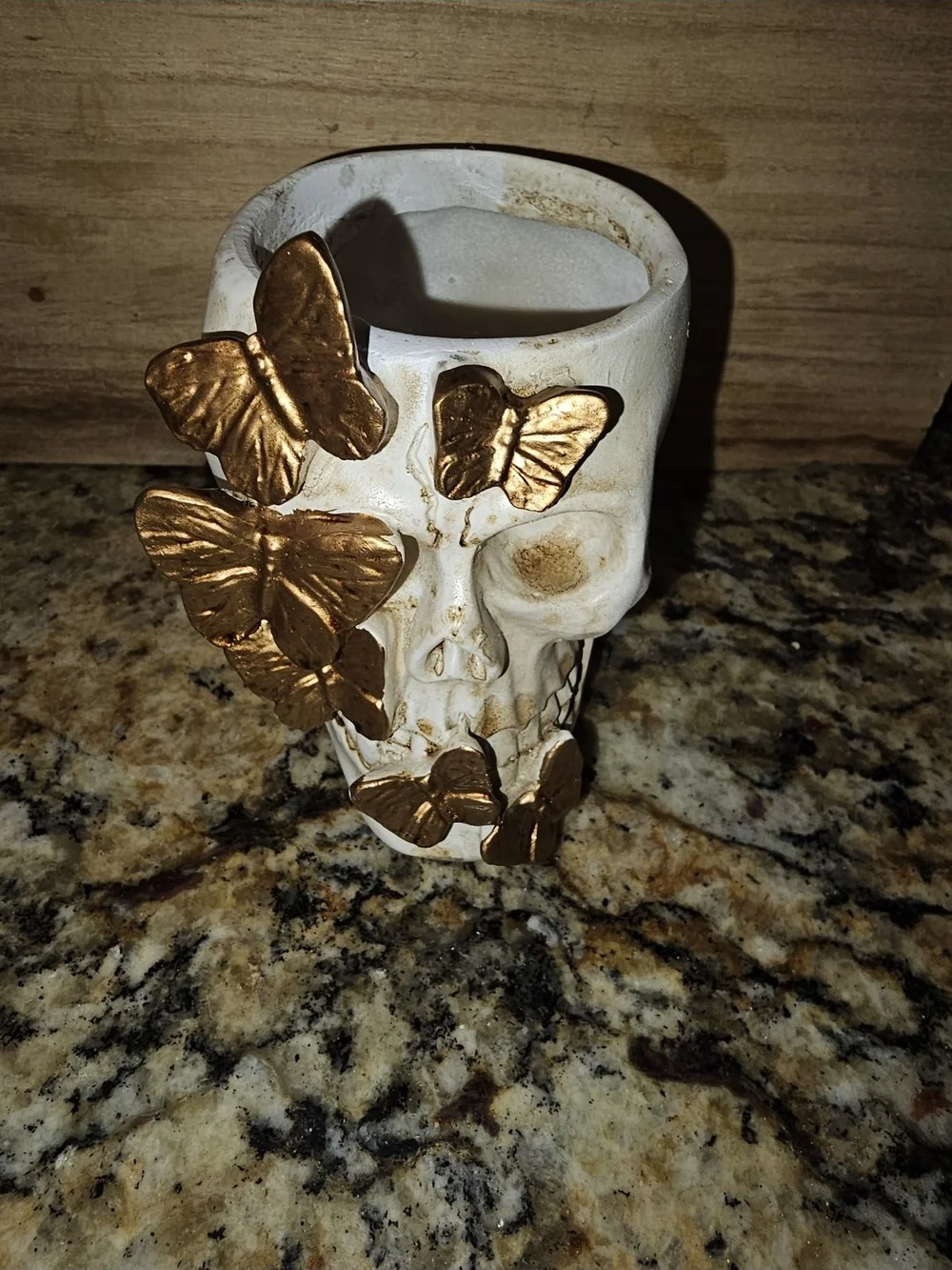 White Ceramic Skull Vase with Gold Butterflies
